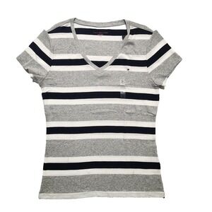 Tommy Hilfiger Women's Top Short Sleeve V-neck Striped Casual Tee Large
